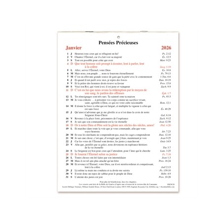 Calendrier Pensées Précieuses 2026